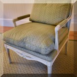F15. Cressant painted bergere chair with custom upholstered down cushion. 34”h x 31”w x 28”d 
